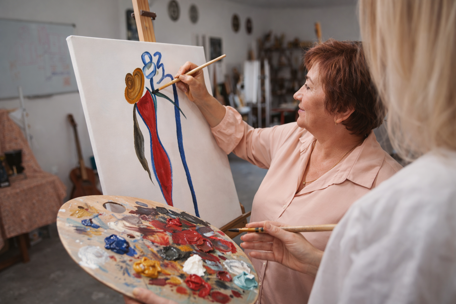 Art therapist guiding an adult client during an art therapy session, using paint and canvas in a calm, supportive studio setting.