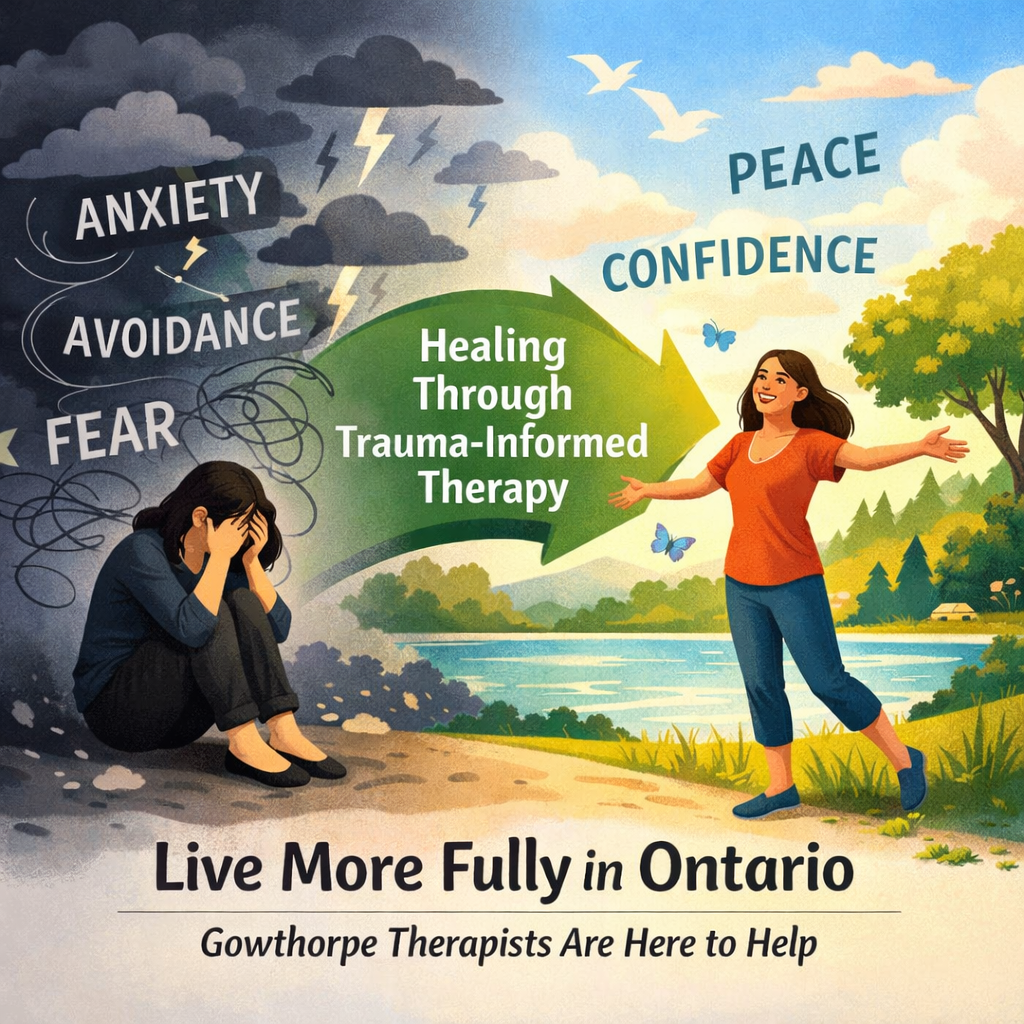 Illustration showing emotional shifts associated with bipolar disorder, moving from overwhelm and instability toward balance and fuller living through trauma-informed therapy at Gowthorpe Therapists in Ontario.