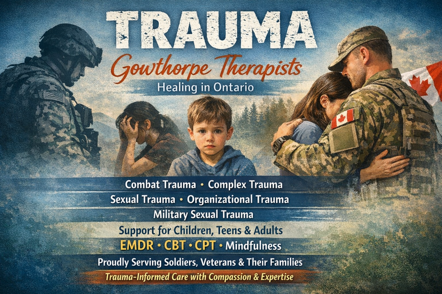 Gowthorpe Therapists provides trauma-informed therapy in Ontario for combat, complex, sexual, organizational, and military sexual trauma, supporting children, teens, and adults with EMDR, CBT, CPT, and mindfulness.