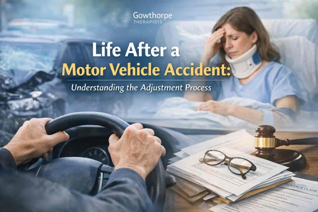 Woman recovering after a motor vehicle accident with neck brace, driving anxiety imagery, and insurance paperwork representing post-MVA adjustment and recovery.