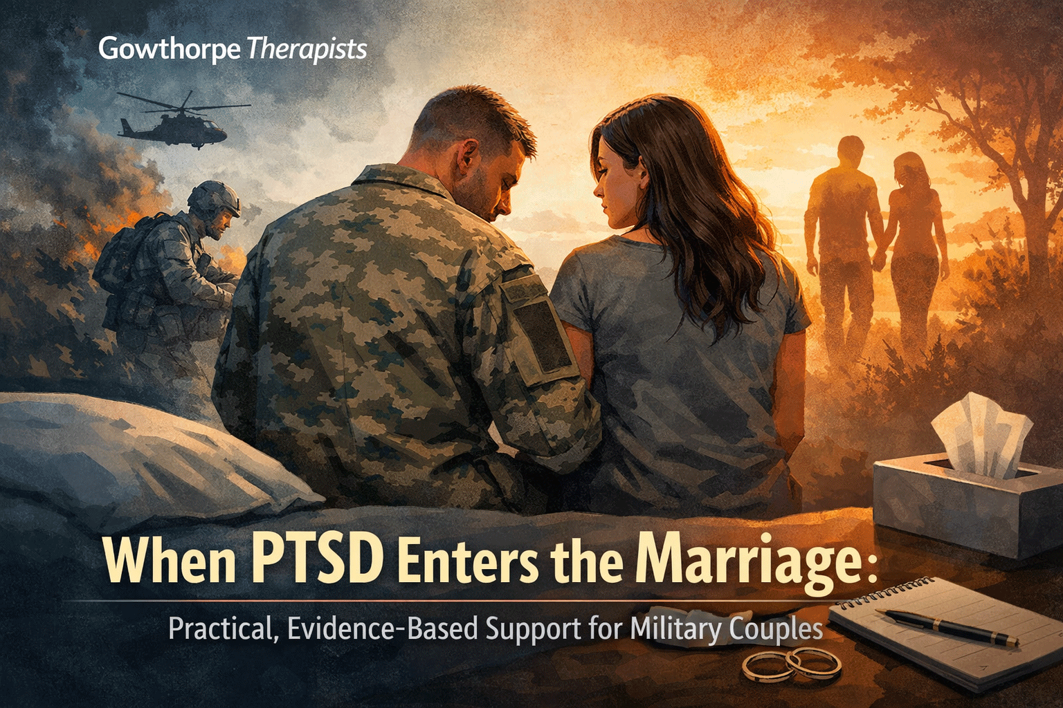 Illustration of a military couple sitting on a bed, facing each other, with a split background showing a combat scene on one side and a warm sunset scene of a couple holding hands on the other; rings and a notebook sit in the foreground.