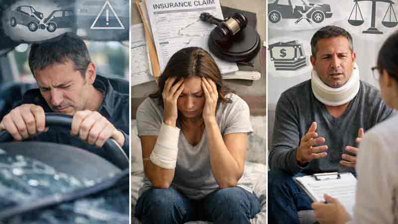 Recovering after a motor vehicle accident with neck brace, driving anxiety imagery, and insurance paperwork representing post-MVA adjustment and recovery.